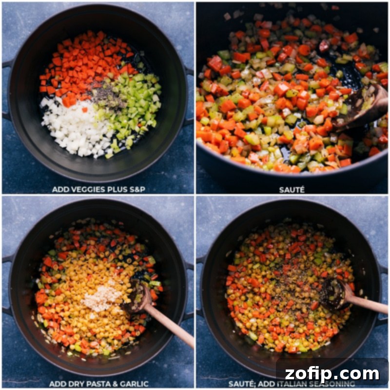 A glimpse into the preparation: Fresh vegetables and aromatic spices create the flavorful foundation of this delightful Vegetable Pasta Soup. Process shots showing vegetables, garlic, and seasonings being sautéed in a large pot.