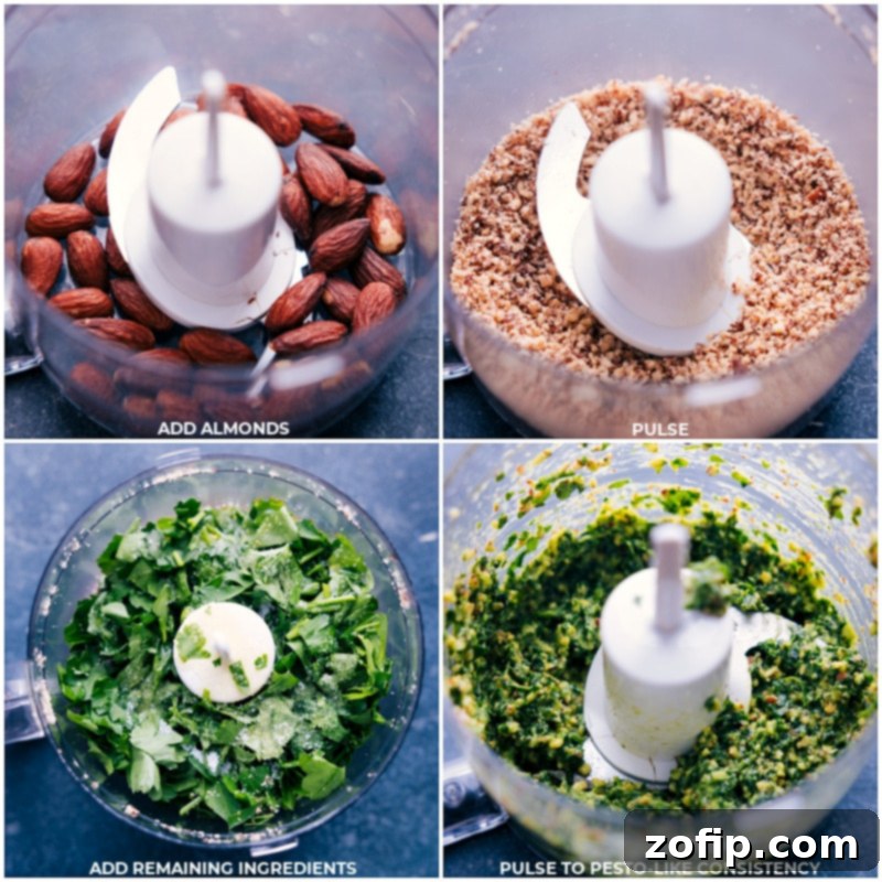 The vibrant parsley, oil, and almond infusion comes to life, ready to add an unparalleled burst of freshness to your Vegetable Pasta Soup. Process shots of Vegetable Pasta Soup, featuring the herb sauce being pulsed together in a small food processor.