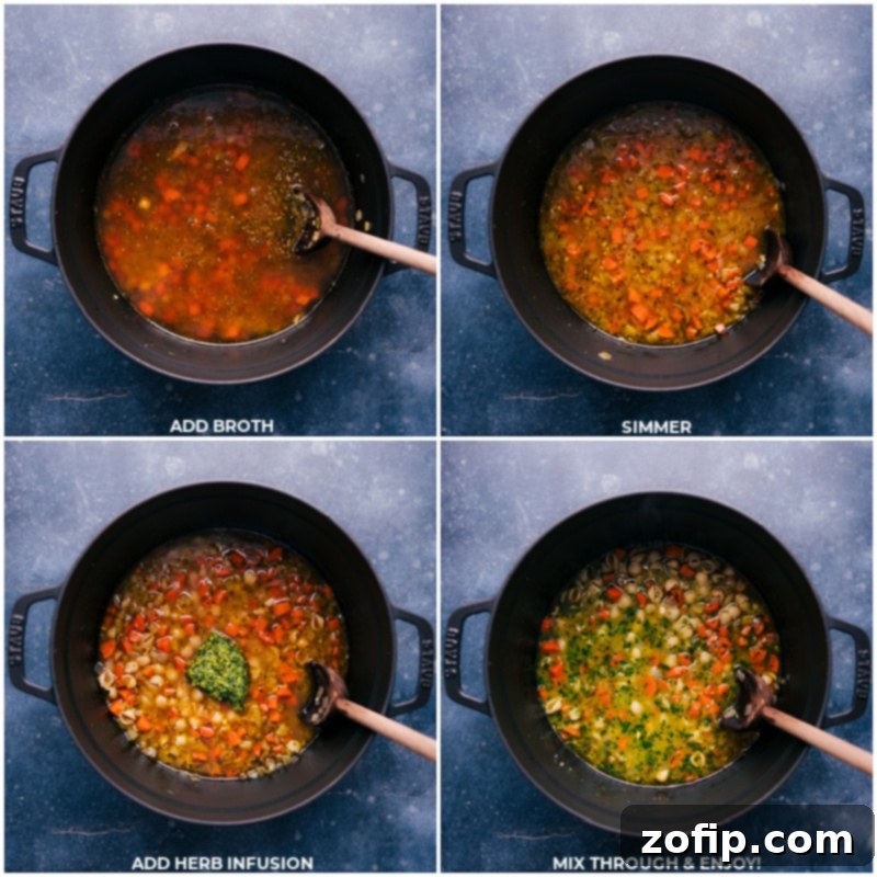The final touches: Broth and the aromatic herb infusion complete the delicious Vegetable Pasta Soup, promising a meal bursting with flavor. Process shots showing the rich broth being added to the pot, followed by the vibrant herb infusion.