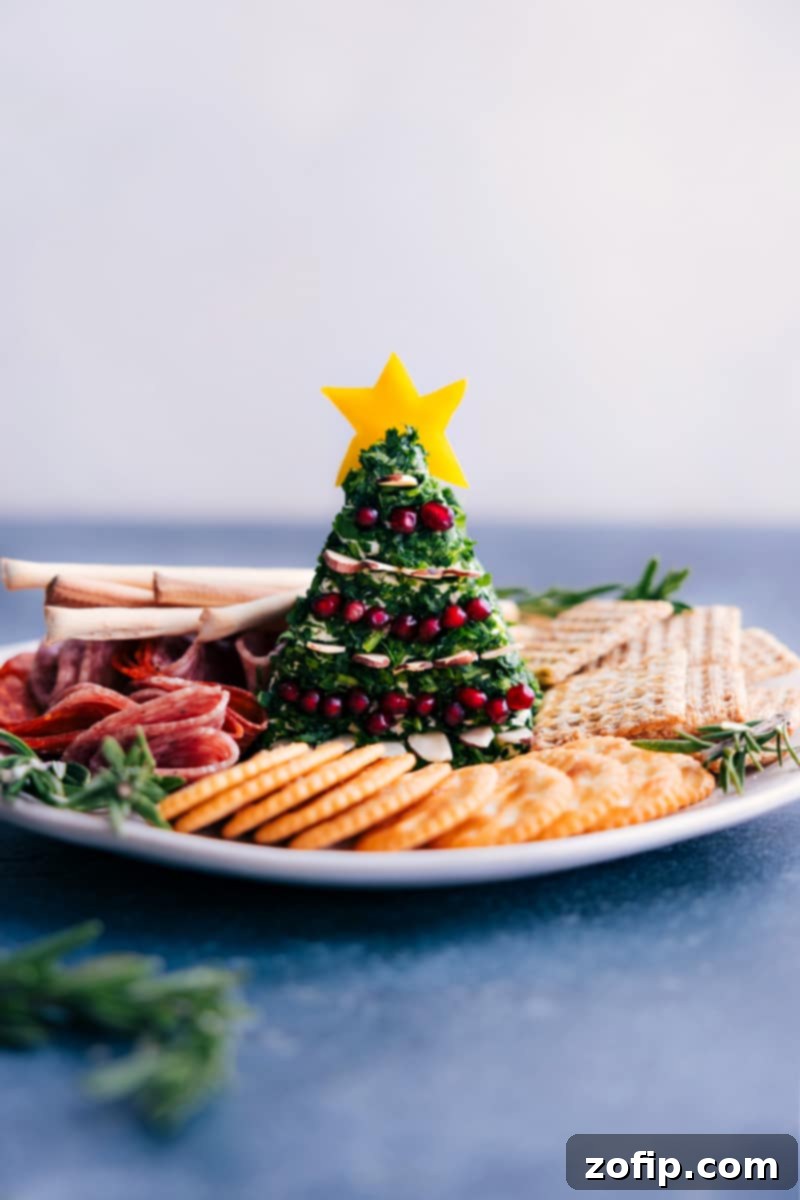 Beautifully decorated Christmas Cheeseball in the shape of Rudolph, served on a festive platter with crackers and cured meats.