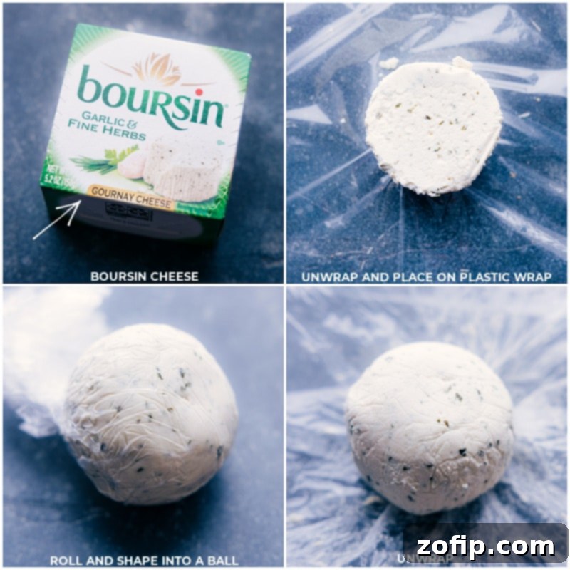 Close-up process shot of Boursin cheese being gently rolled into a perfect ball shape, ready for decoration.