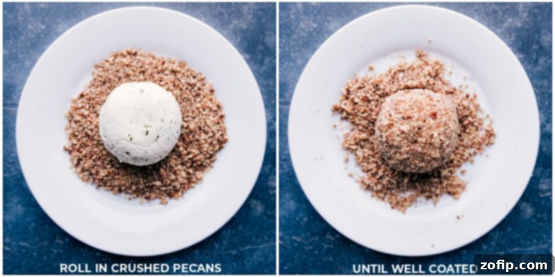 Process shot of a Christmas cheeseball, a ball of Boursin cheese rolled in crushed pecans, ready for Rudolph features.