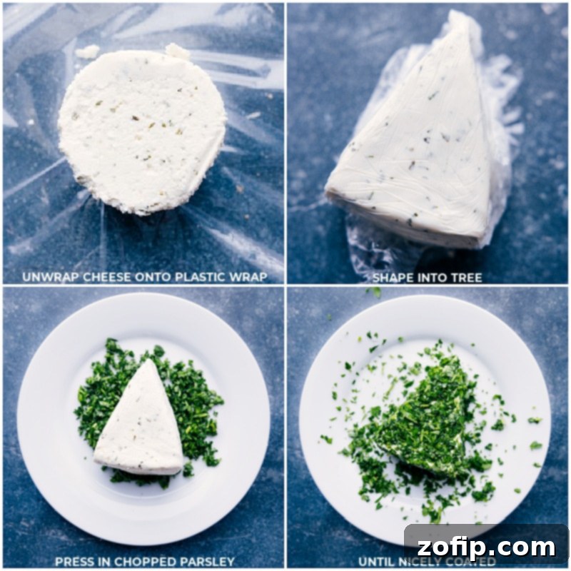 Process shot of Christmas cheeseball being shaped into a festive tree and rolled in fresh, bright green parsley.