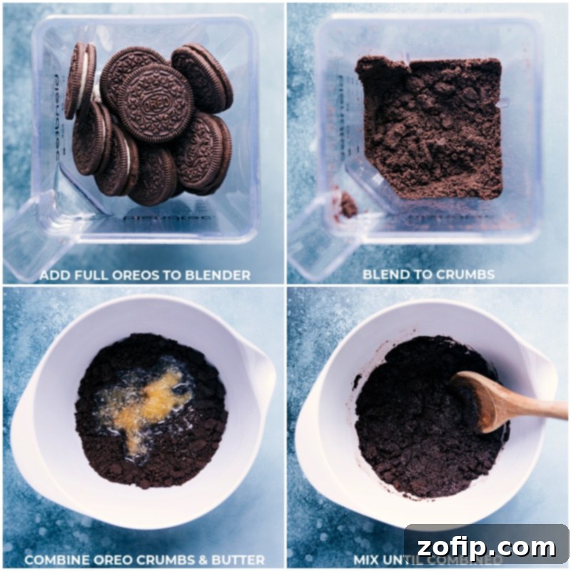 Velvety Chocolate Cloud Pie 4 Process shots showing the preparation of the Oreo cookie crust for the chocolate pudding pie, with crushed cookies and butter.