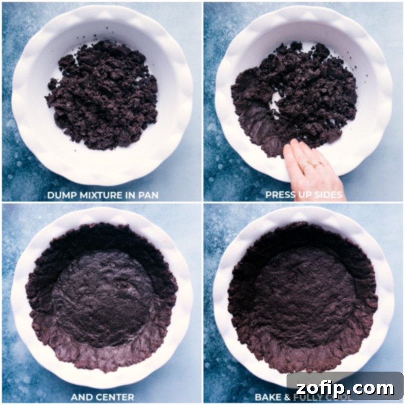 Velvety Chocolate Cloud Pie 5 Close-up process shot of pressing the Oreo cookie crumb mixture into a pie pan to form the crust.