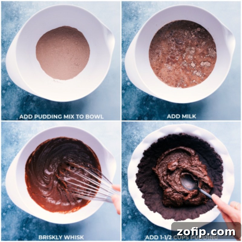 Velvety Chocolate Cloud Pie 6 Process images showing the prepared chocolate pudding filling being gently spread into the baked Oreo crust, forming the first layer.