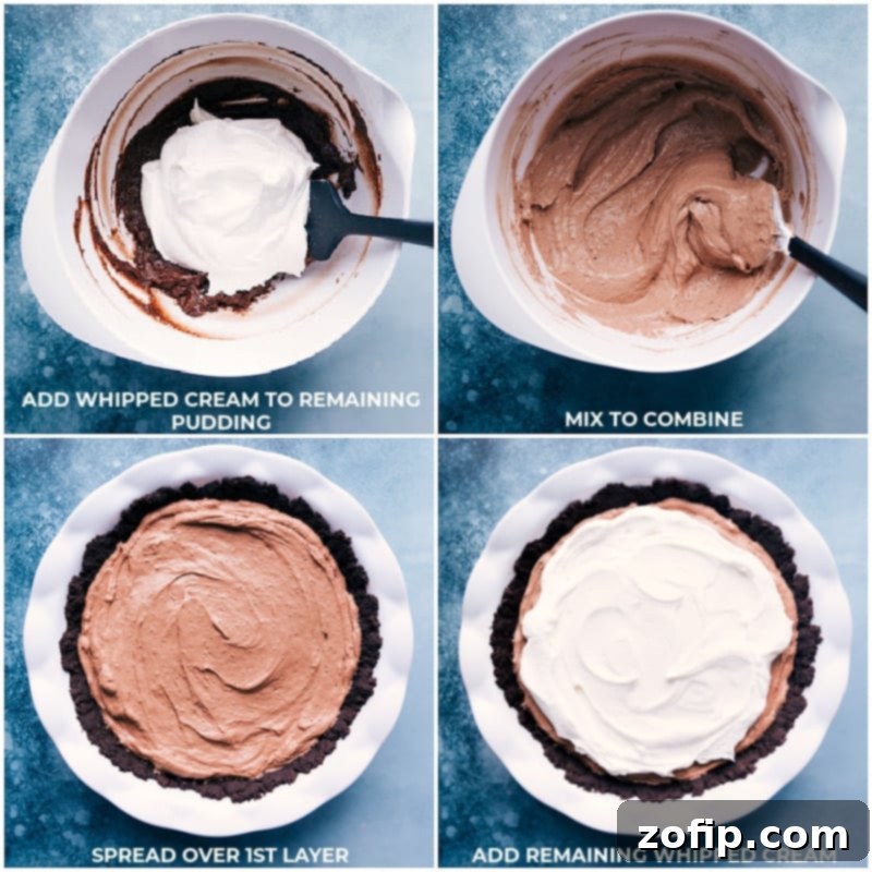 Velvety Chocolate Cloud Pie 7 Process shots detailing the creation of the chocolate pudding pie layers: adding whipped topping to pudding, mixing, spreading over the first layer, and adding the final whipped topping layer.