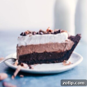 Velvety Chocolate Cloud Pie 10 A rich, three-layered Chocolate Pudding Pie with an Oreo crust, ready for serving.