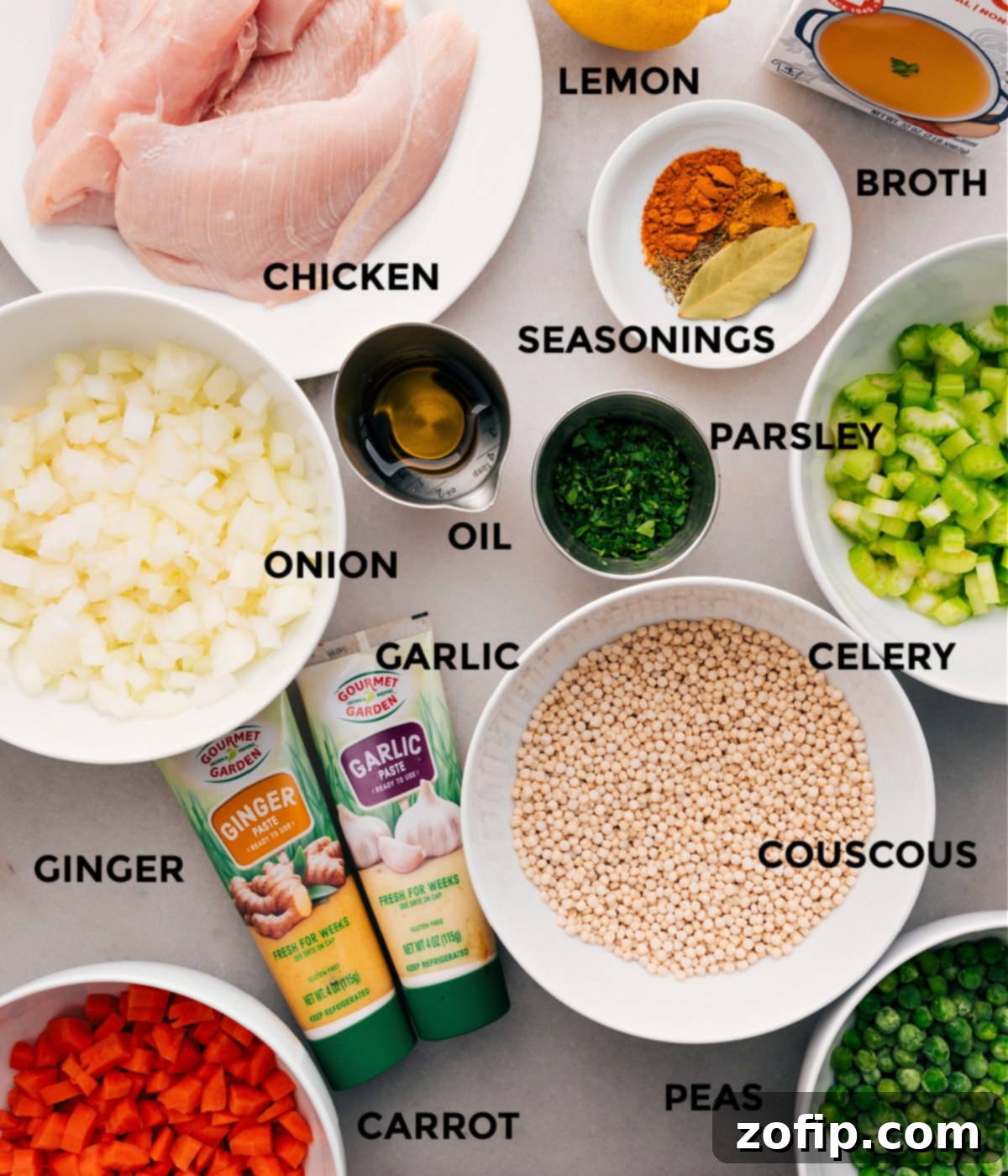 Ingredients In Couscous Soup Recipe A vibrant display of fresh ingredients for Chicken Couscous Soup: finely diced onions, carrots, celery, fresh garlic and ginger, various spices, chicken breasts, and pearl couscous. Emphasizing fresh, wholesome components.
