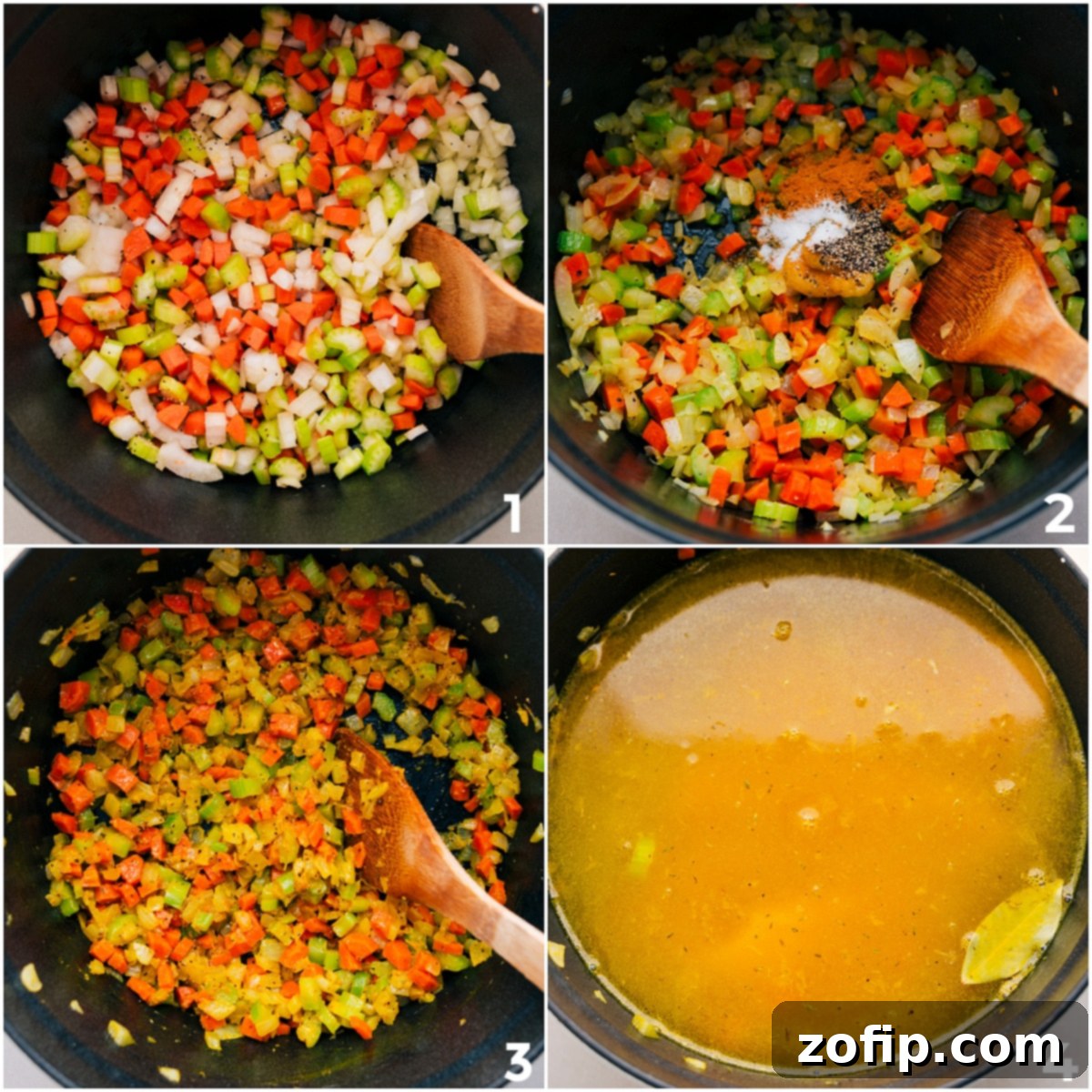 How To Make Couscous Soup Step-by-step imagery showing vegetables being sautéed, then seasoned with spices, garlic, and ginger, followed by the addition of chicken broth and bay leaves for the aromatic Chicken Couscous Soup base.