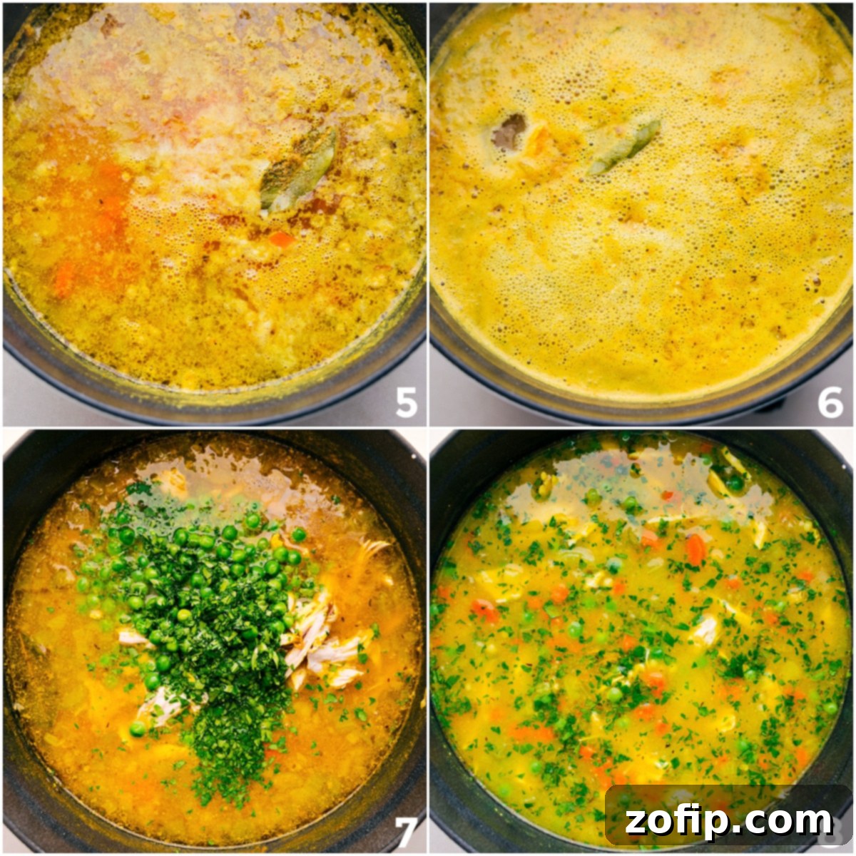 Simmer Couscous Soup In A Pot The delicious Chicken Pearl Couscous Soup simmering gently in a large pot, with cooked chicken, vibrant peas, and fresh parsley being stirred in at the final stage. Ready to serve!