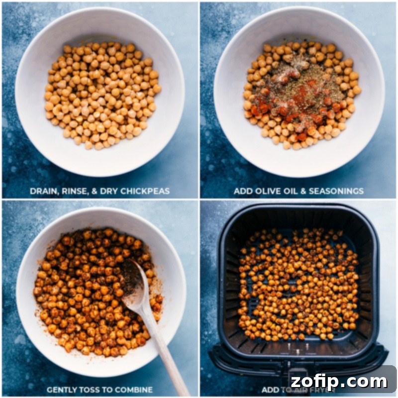 Process of seasoning chickpeas and adding them to an air fryer for crispy hummus wraps.