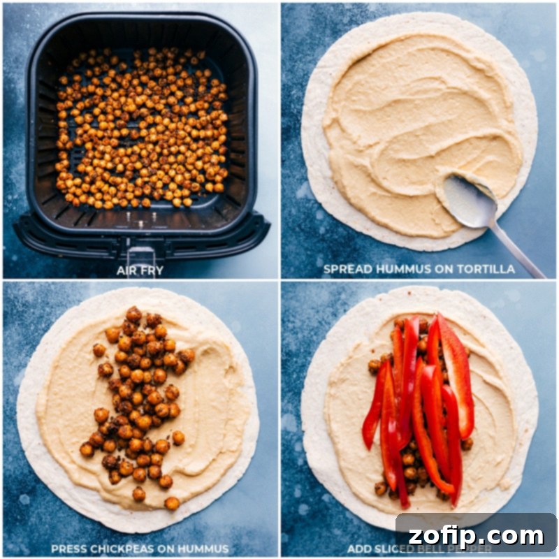 Process of assembling Hummus Wraps: crispy chickpeas in air fryer, spreading hummus on tortillas, adding bell peppers and other fresh ingredients.