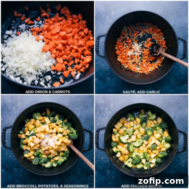 Creamy Broccoli Delight 3 Step-by-step images showing diced carrots, onions, and garlic being sautéed, followed by broccoli, potatoes, and broth added to the pot.