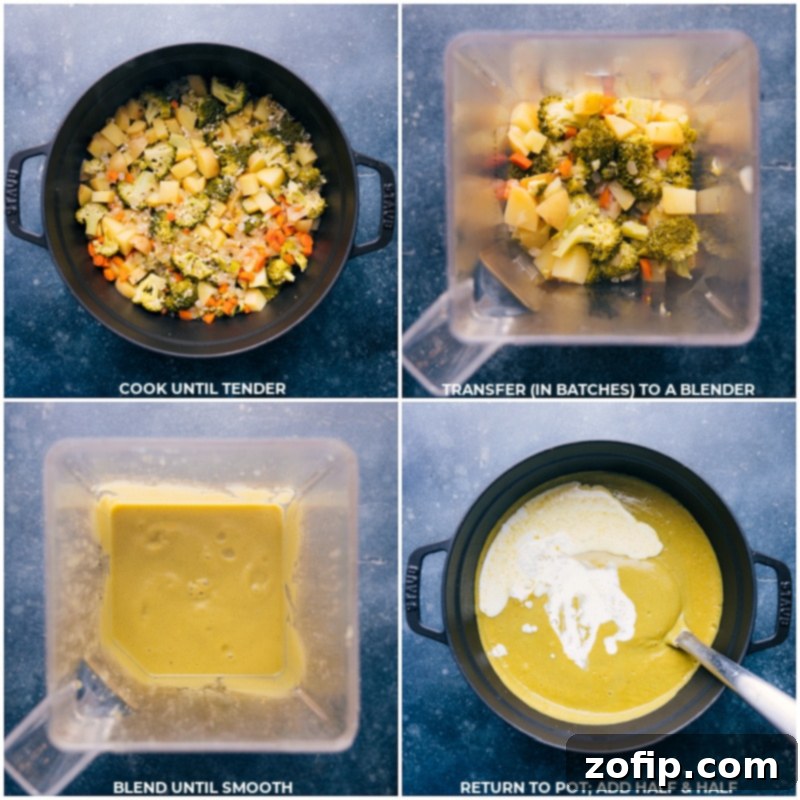 Creamy Broccoli Delight 4 Process shots demonstrating the cooked vegetables being transferred into a blender and pureed until smooth.