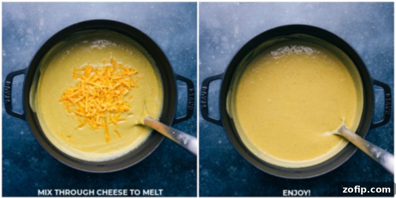Creamy Broccoli Delight 5 Image showing shredded cheese being stirred into the smooth, creamy broccoli soup in a pot.