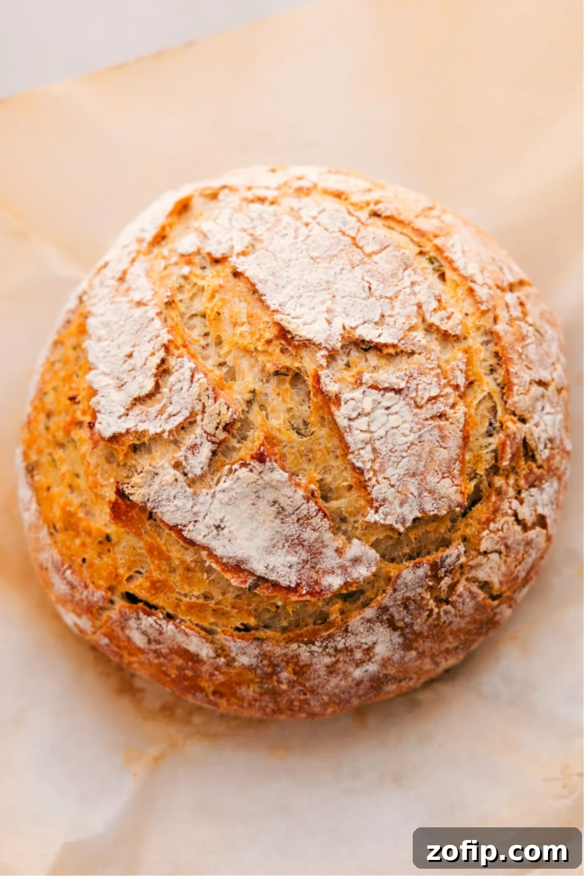 Freshly baked No-Knead Herb Bread, golden brown and aromatic, ready to be sliced and enjoyed.