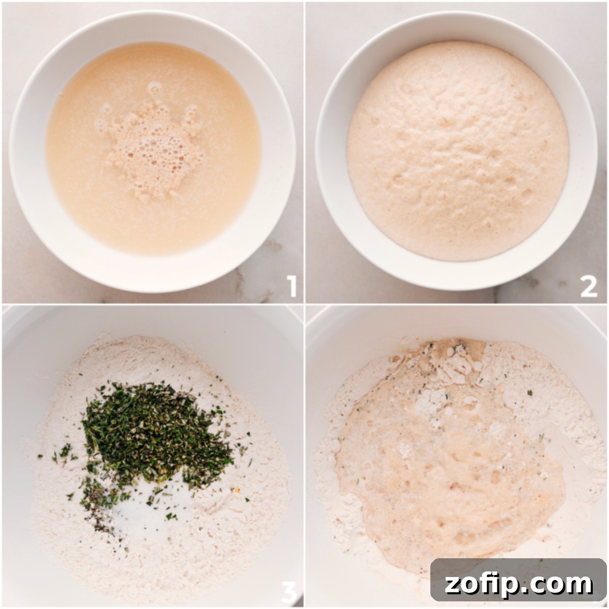 No-knead dough being mixed, showing the yeast mixture bubbling and dry ingredients combining into a shaggy dough for herb bread.