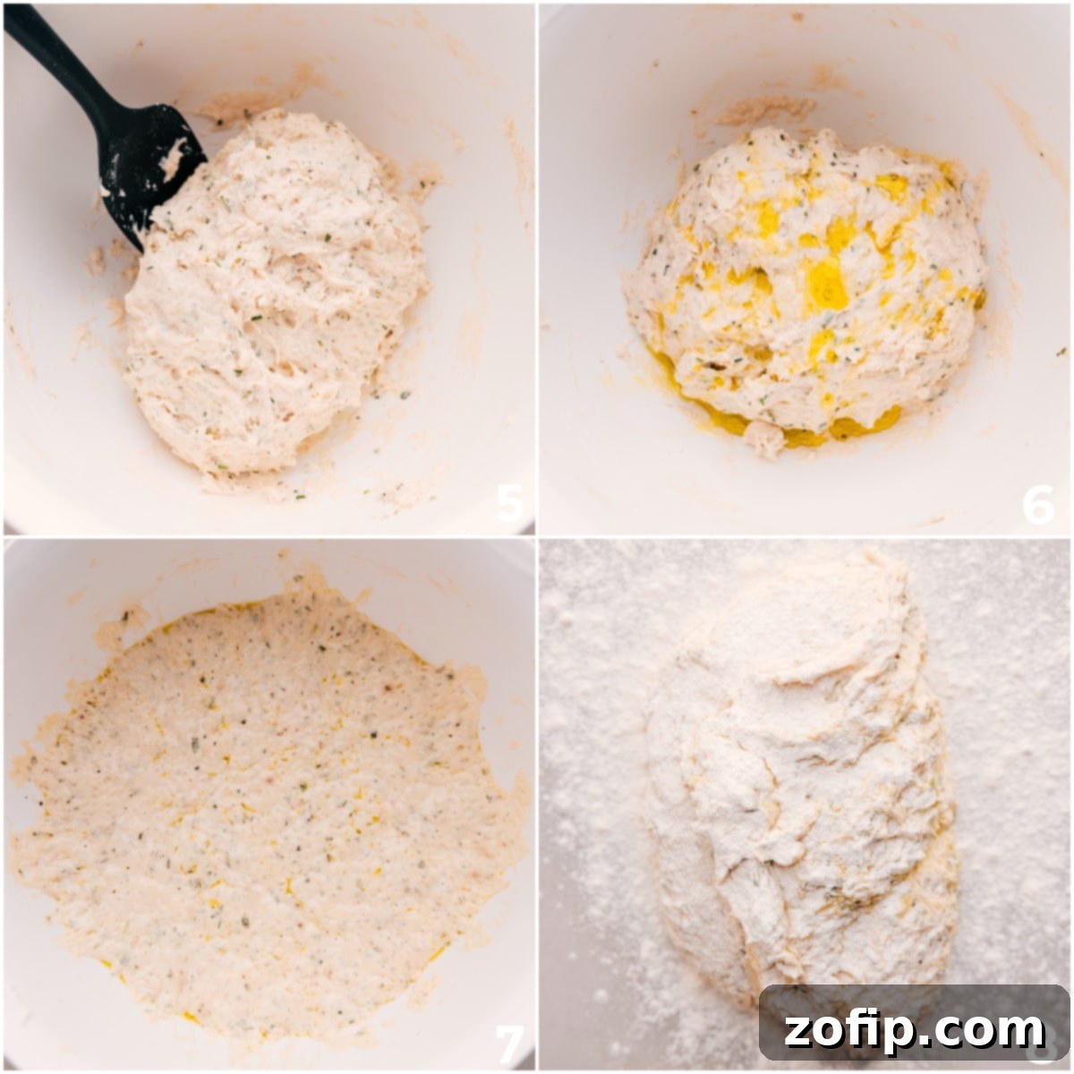 No-knead bread dough, after rising overnight, is transferred to a floured surface, ready for shaping and baking.