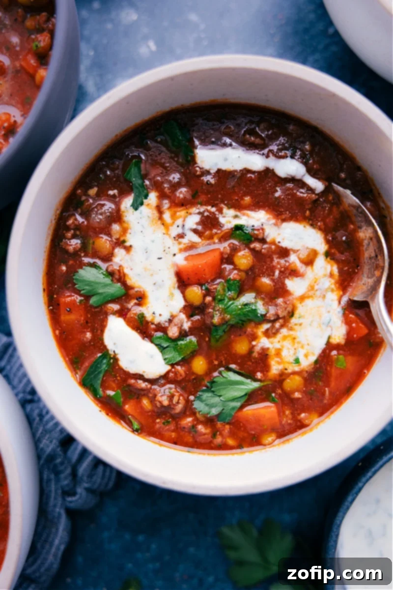 Get ready for a culinary adventure with this tantalizing Beef Lentil Soup! Packed with succulent beef, nutrient-rich veggies, and hearty lentils, this soup is sure to satisfy your hunger and tantalize your taste buds. The seasoning is inspired by the bold flavors of Middle Eastern beef Shawarma, with a blend of cinnamon, cumin, cardamom, and paprika. Recipe via chelseasmessyapron #dinner #quick #easy #simple #familyfriendly #sidedish #kidfriendly #comfortfood #winterecipes #lentil #beef #soup Overhead image of the Beef Lentil Soup, garnished with fresh herbs and a swirl of yogurt