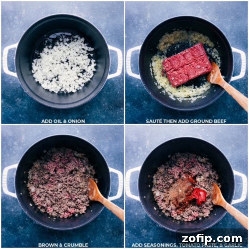 Get ready for a culinary adventure with this tantalizing Beef Lentil Soup! The seasoning is inspired by the bold flavors of Middle Eastern beef Shawarma, with a blend of cinnamon, cumin, cardamom, and paprika. Recipe via chelseasmessyapron #dinner #quick #easy #simple #familyfriendly #sidedish #kidfriendly #comfortfood #winterecipes #lentil #beef #soup Process shots-- images of the oil, onion, ground beef, seasonings, tomato paste, and garlic all being sautéed in a pot for Beef Lentil Soup