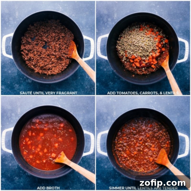 Get ready for a culinary adventure with this tantalizing Beef Lentil Soup! Packed with succulent beef, nutrient-rich veggies, and hearty lentils, this soup is sure to satisfy your hunger and tantalize your taste buds. Recipe via chelseasmessyapron #dinner #quick #easy #simple #familyfriendly #sidedish #kidfriendly #comfortfood #winterecipes #lentil #beef #soup Process shots of Beef Lentil Soup-- images of the tomatoes, carrots, and lentils being added to the pot for simmering