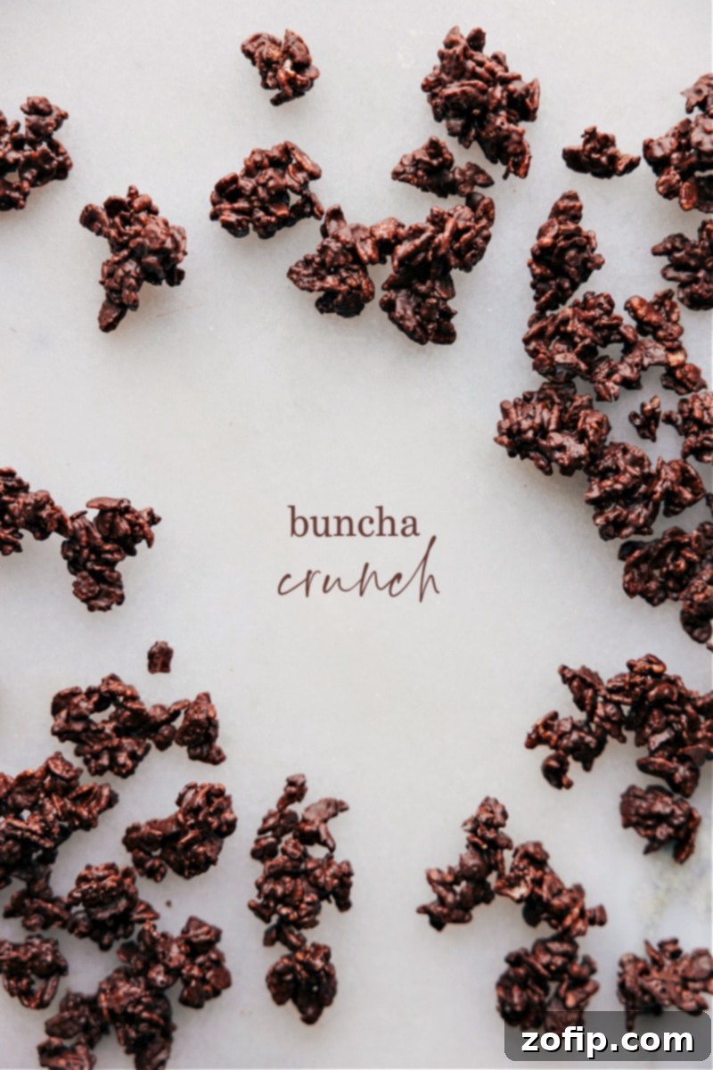 Overhead image of the homemade Buncha Crunch clusters on a baking sheet, showcasing their rich chocolate coating and crispy texture.