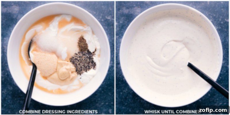 Visual steps showing the dressing for Macaroni Salad being mixed in a bowl with a whisk.