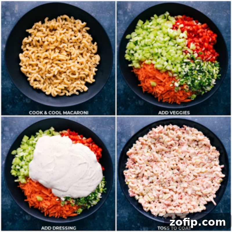 A collage of process shots showing the steps to make Macaroni Salad: cooked pasta in a bowl, then chopped vegetables added, followed by the creamy dressing poured over, and finally, everything mixed together into a finished salad.