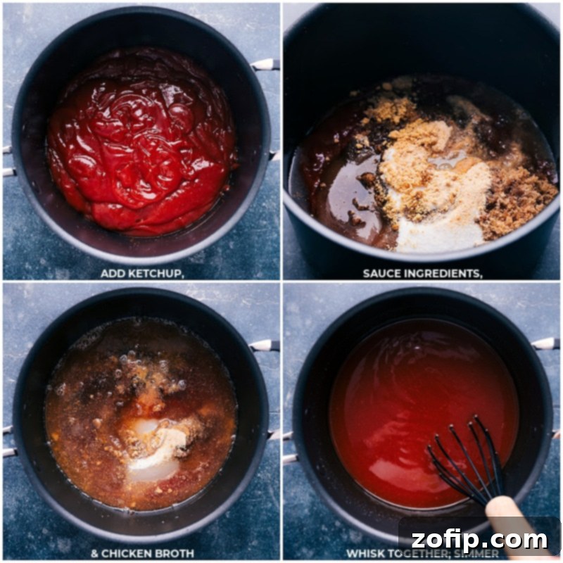 Process shots of adding ketchup and other sauce ingredients to a pot.