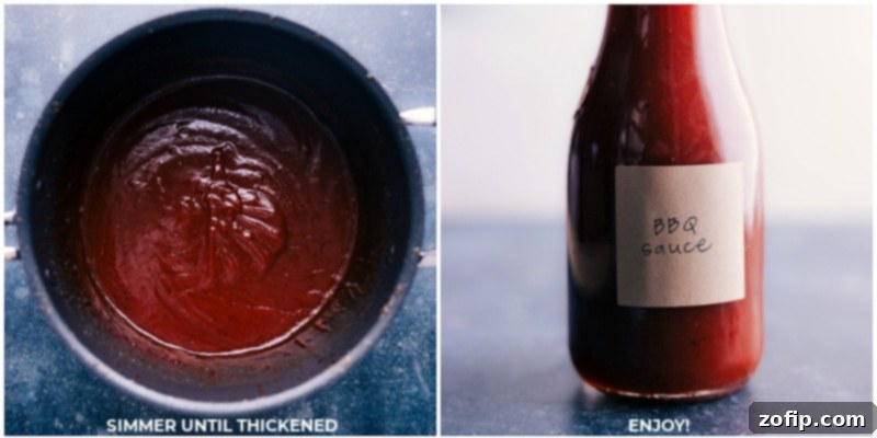 Process shots of homemade BBQ Sauce simmering until thickened and then transferred to a storage container.