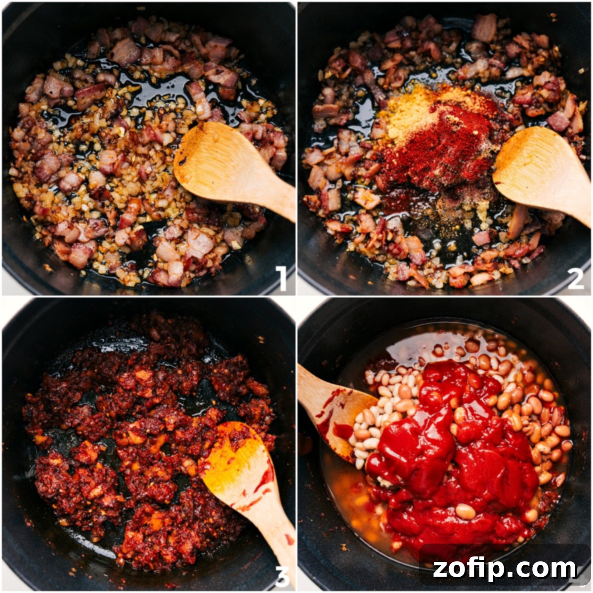 A visual sequence detailing the preparation of baked beans: first, crispy bacon and golden onions sautéing in a pot; next, fragrant tomato paste and spices cooking together; finally, all remaining ingredients combined to create a rich, simmering sauce.