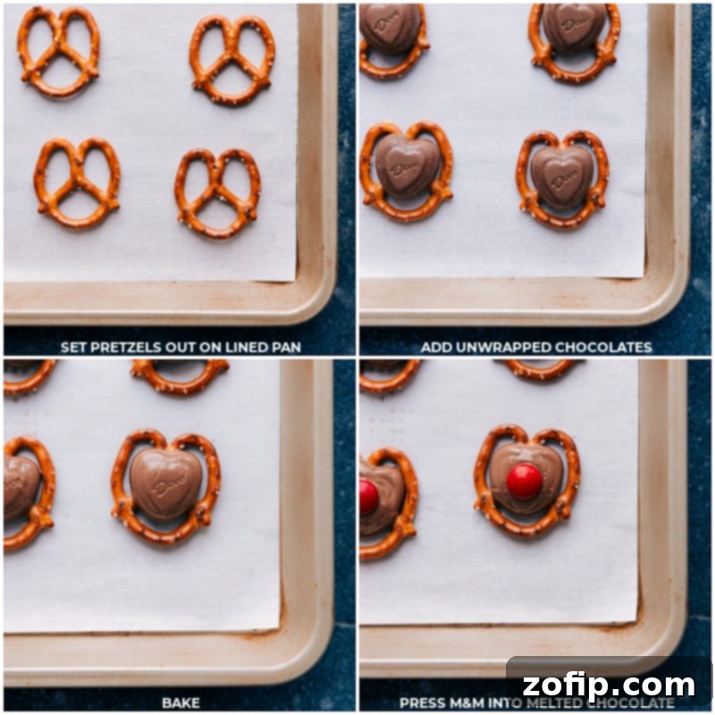 There are several options when purchasing Dove chocolate hearts--milk, dark, or milk & dark chocolate swirl. Process shots: Pretzels placed on a lined pan; chocolate added; pan is baked; chocolates are topped with red candies, demonstrating the easy steps.