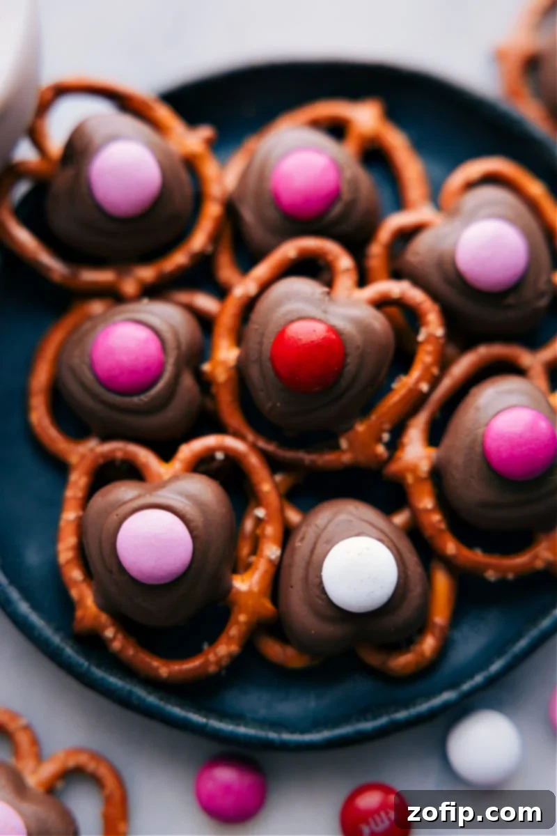 There are several options when purchasing Dove chocolate hearts--milk, dark, or milk & dark chocolate swirl. A plate full of freshly made Valentine's Pretzels, ready for serving or gifting.