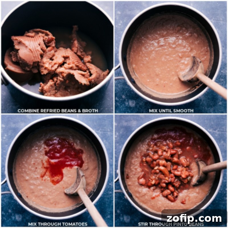 The simple steps to creating a delicious Pinto Bean Soup, also known as Refried Bean Soup – perfect for vegetarians and vegans! Step-by-step process images showing refried beans being mixed with broth, then crushed tomatoes and pinto beans being added to a pot on a stovetop.
