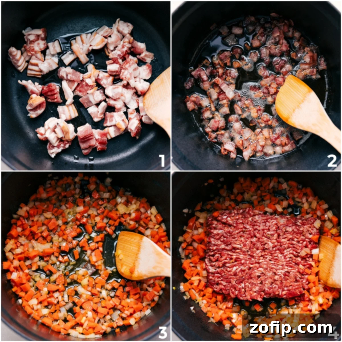Step-by-step: First, bacon is cooked until crispy and removed. Then, diced onions and carrots are sautéed in the bacon fat, followed by Italian sausage browning in the same pot.