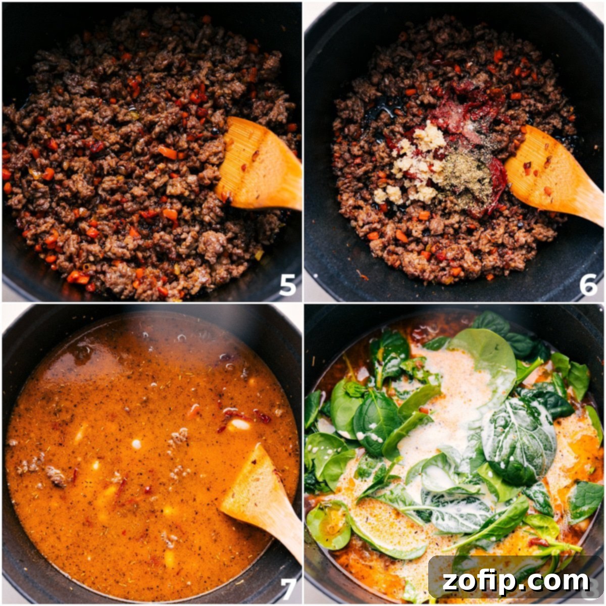 The simmering stage of Tuscan Soup: tomato paste, seasonings, minced garlic, chicken broth, heavy cream, and fresh spinach are added to the pot, creating a rich and fragrant mixture.