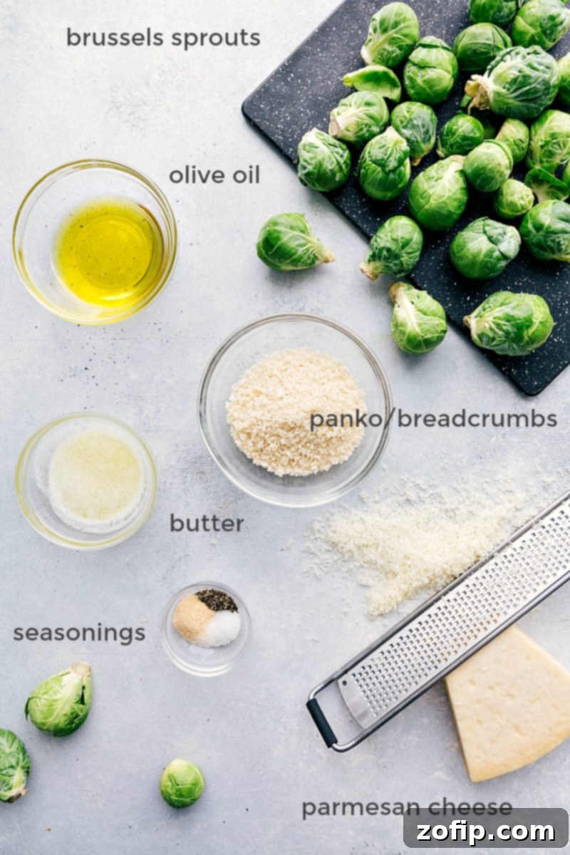 A pristine arrangement of all fresh ingredients required for roasted Brussels sprouts, including vibrant green sprouts, bottles of olive oil, sticks of butter, a bowl of panko breadcrumbs, grated Parmesan cheese, and various spices.