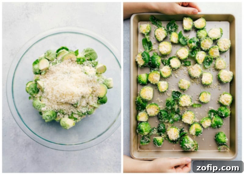 A close-up view of Brussels sprouts being generously coated with panko breadcrumbs and grated Parmesan cheese in a mixing bowl, prior to roasting.