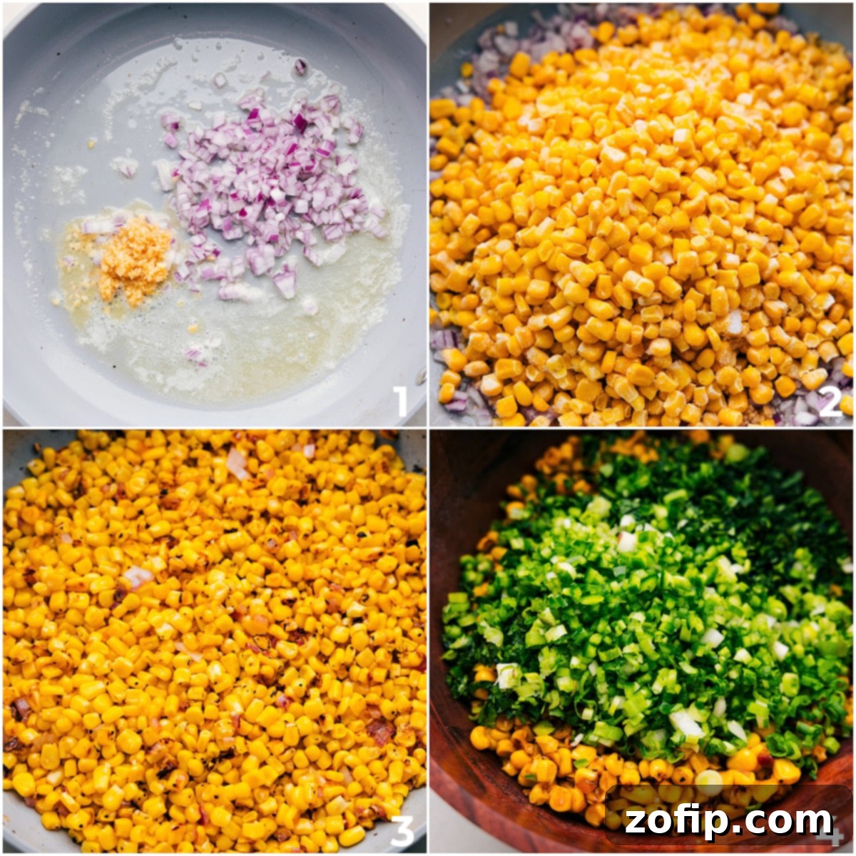 A pan on the stove with sautéing garlic, red onions, and corn, with a sprinkle of fresh herbs being added right after cooking.