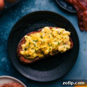 A freshly prepared plate of creamy scrambled eggs, garnished with chives