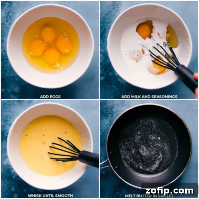 Process images showing eggs, milk, and seasonings being whisked thoroughly in a mixing bowl, followed by butter melting and swirling in a hot skillet, preparing for cooking scrambled eggs