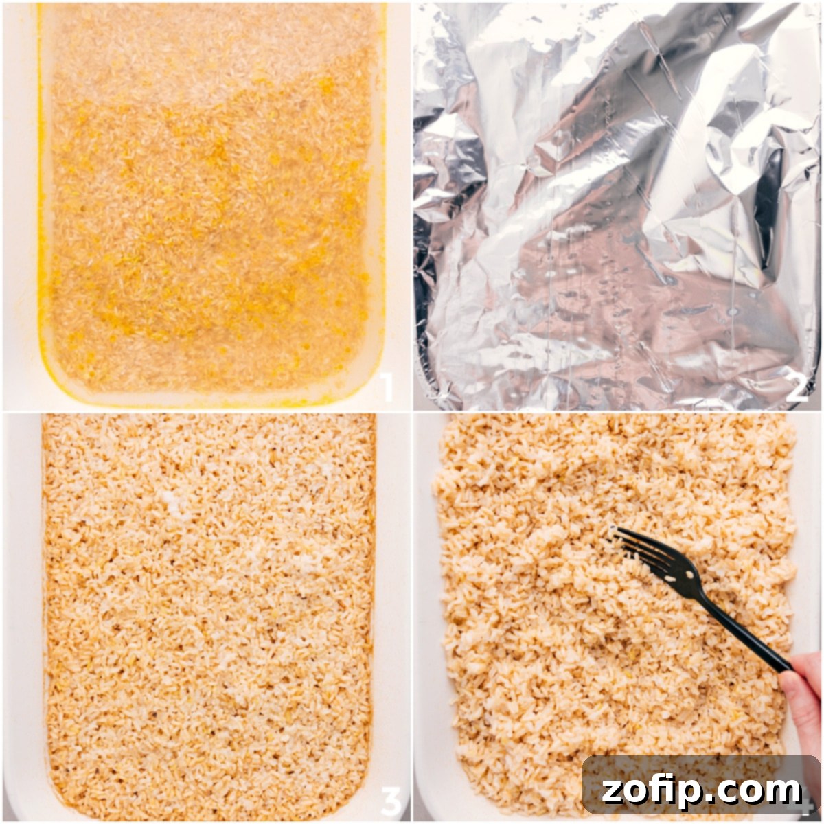 Step-by-step imagery demonstrating how to cook brown rice in an oven using a casserole dish, boiling water, oil, and securely covering with foil before baking.
