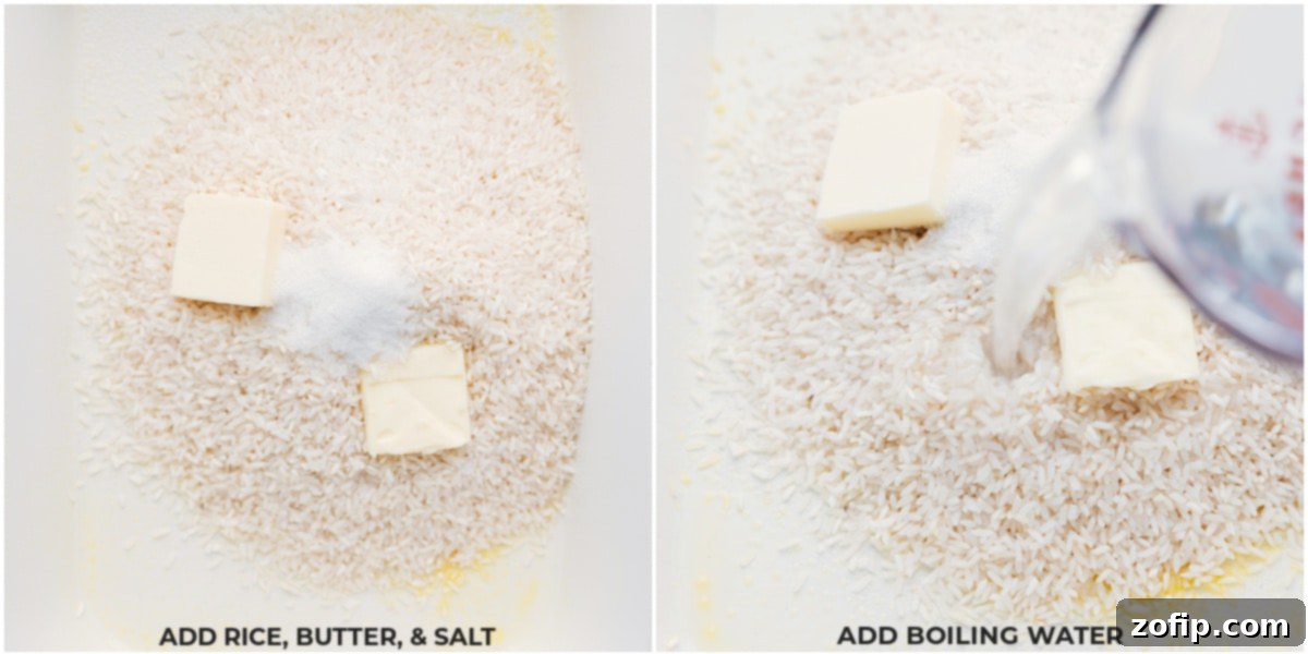 Rice, butter, salt, and boiling water being carefully added to a baking pan, ready for the oven.