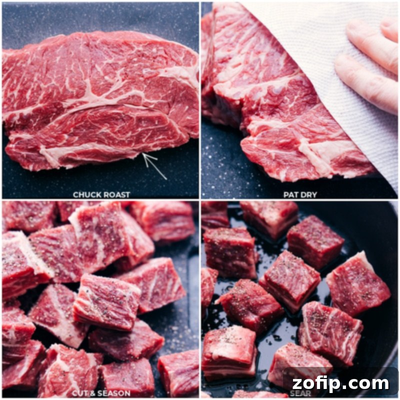 Treat yourself to the ultimate comfort food with this delightful Beef and Noodles recipe. It boasts juicy, tender beef and sweet peas, bathed in a luxuriously rich and flavorful sauce. Enjoy the epitome of coziness, served over egg noodles or mashed potatoes--it's a satisfying meal that you'll crave again and again. Process shots: Drying, cutting, seasoning, and searing chuck roast in a hot pan.