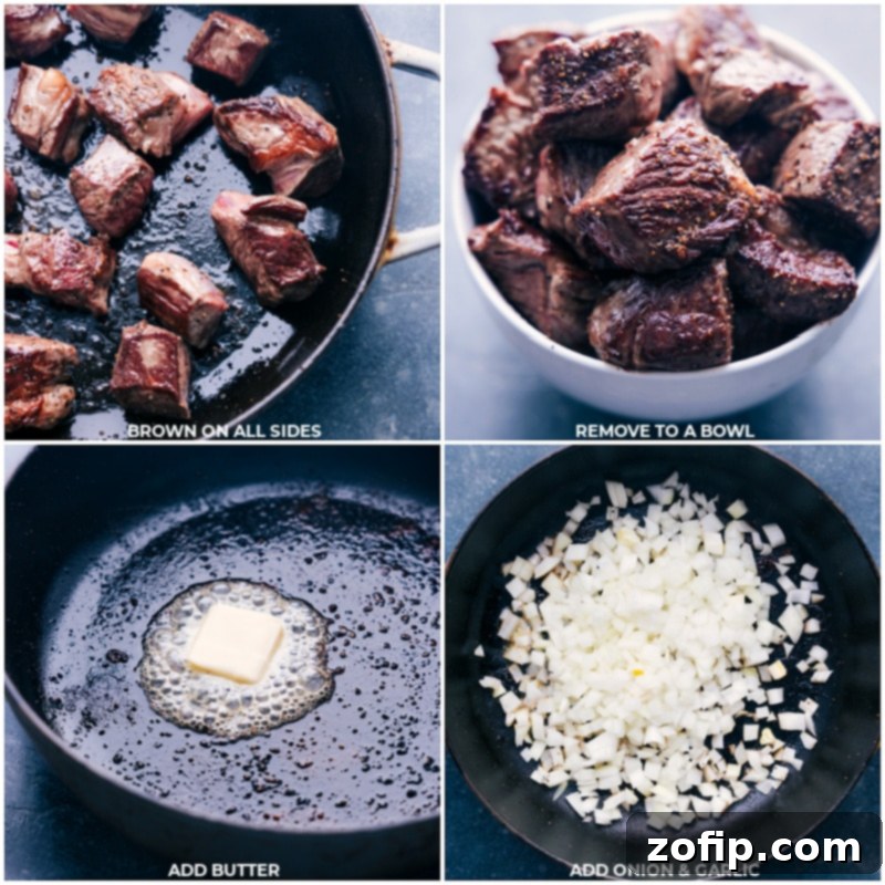 This Beef and Noodles recipe boasts juicy, tender beef and sweet peas, bathed in a luxuriously rich and flavorful sauce. Enjoy the epitome of coziness, served over egg noodles or mashed potatoes--it's a satisfying meal that you'll crave again and again. Process shots of beef and noodles recipe: browning chuck on all sides and removing to a bowl; adding butter to the pan and cooking onion and garlic.