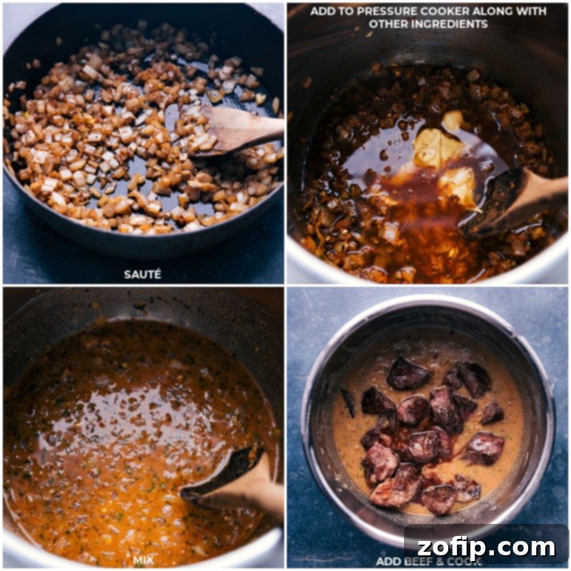 Treat yourself to the ultimate comfort food with this delightful Beef and Noodles recipe. Process shots: Sautéing onions and garlic, adding all ingredients to the cooker, mixing well, adding beef, and cooking.