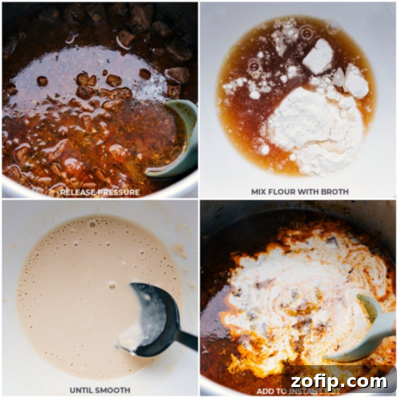 Treat yourself to the ultimate comfort food with this delightful Beef and Noodles recipe. It boasts juicy, tender beef and sweet peas, bathed in a luxuriously rich and flavorful sauce. Enjoy the epitome of coziness, served over egg noodles or mashed potatoes--it's a satisfying meal that you'll crave again and again. Process shots of beef and noodles recipe: releasing pressure if using Instant Pot; mixing flour with broth until smooth and adding to the pan.