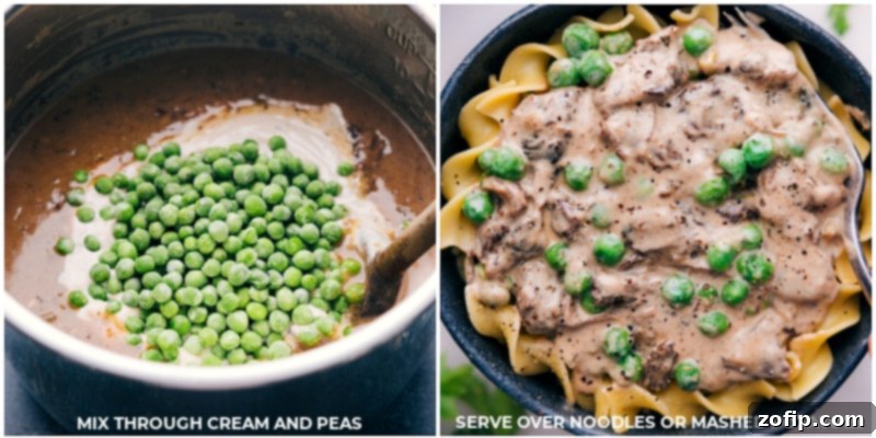 Treat yourself to the ultimate comfort food with this delightful Beef and Noodles recipe. It boasts juicy, tender beef and sweet peas, bathed in a luxuriously rich and flavorful sauce. Enjoy the epitome of coziness, served over egg noodles or mashed potatoes--it's a satisfying meal that you'll crave again and again. Process shots: Mixing in the cream and peas; serving over egg noodles or mashed potatoes.