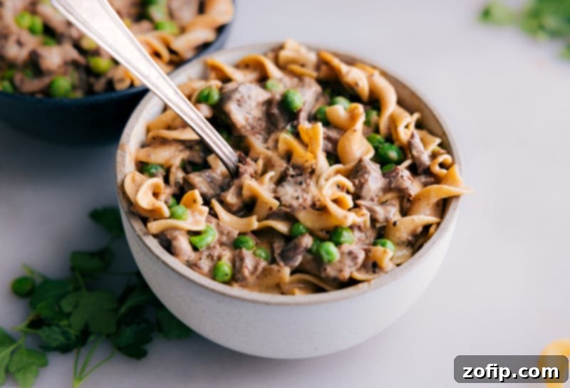 Treat yourself to the ultimate comfort food with this delightful Beef and Noodles recipe. It boasts juicy, tender beef and sweet peas, bathed in a luxuriously rich and flavorful sauce. Enjoy the epitome of coziness, served over egg noodles or mashed potatoes--it's a satisfying meal that you'll crave again and again. Bowl of saucy noodles and beef with a fork digging in, showing the tender beef.